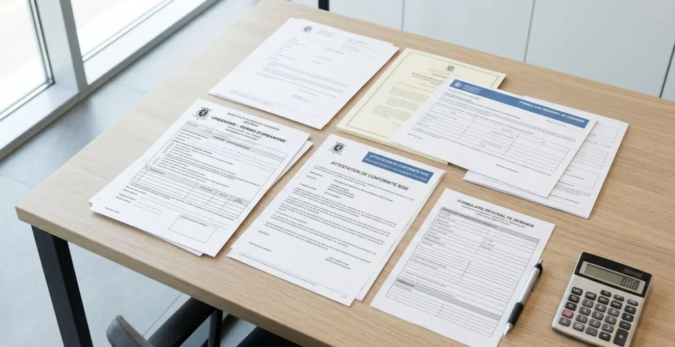 Documents administratifs belges étalés sur bureau : permis d'urbanisme, certificat RGIE, formulaires régionaux et calculatrice