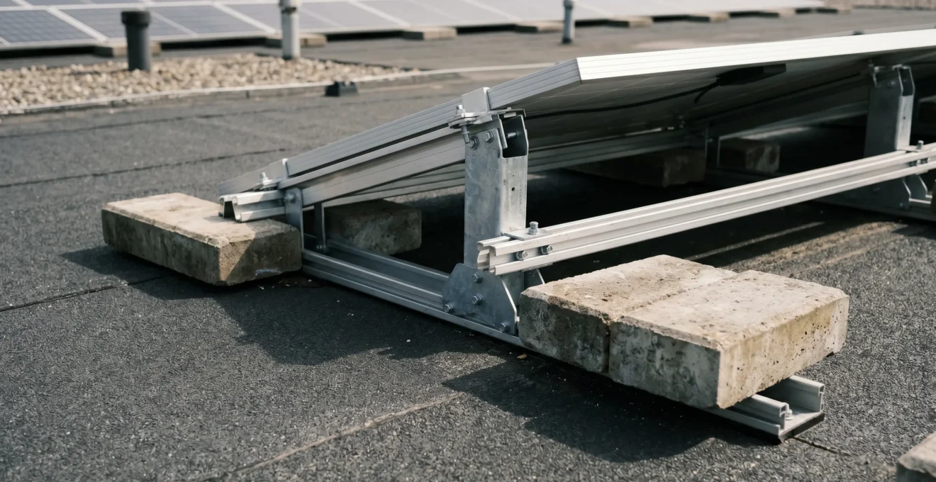 Système de fixation par lestage avec blocs béton sur membrane EPDM noire, structure métallique de support de panneau solaire visible