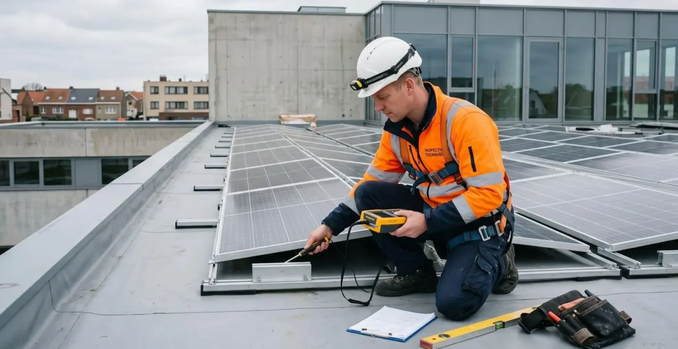 Technicien en équipement de sécurité inspectant des panneaux solaires installés sur toit plat, avec matériel de mesure structurelle visible