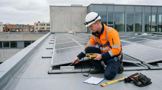 Technicien en équipement de sécurité inspectant des panneaux solaires installés sur toit plat, avec matériel de mesure structurelle visible